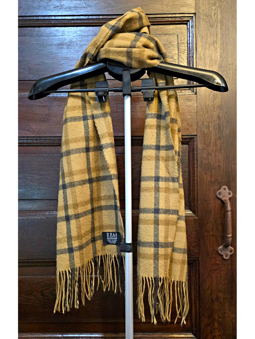 RBM Collection Tan/Black Plaid Fringe Rectangle Scarf Acrylic Made in Italy